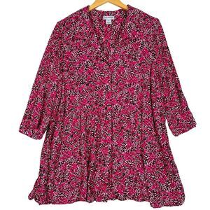 Catherines Womens Blouse Top Shirt Sz 1X Pink‎ Black Button Front 3/4 Sleeve